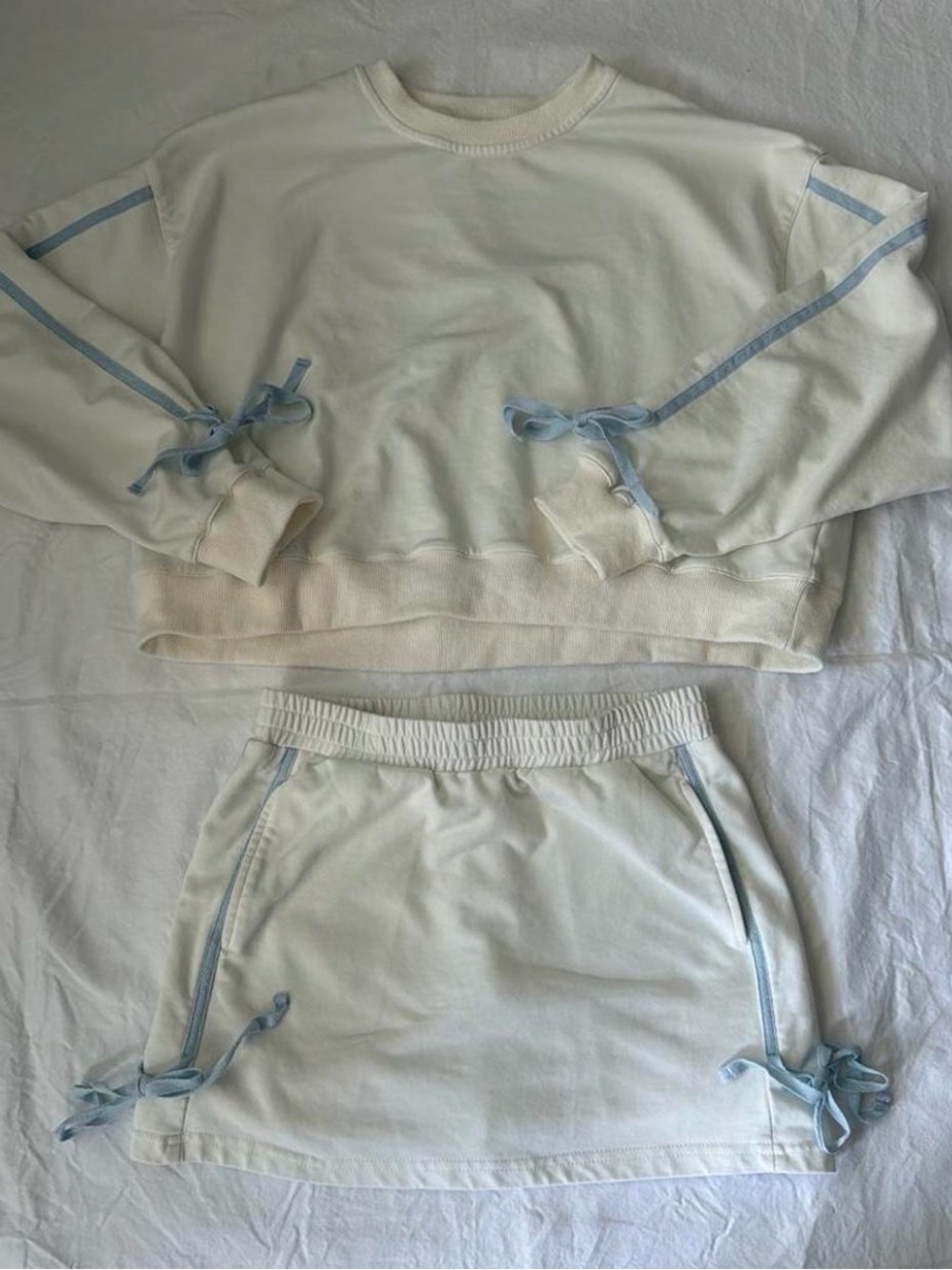 Main Strip Cream Mini Skirt Set with Light Blue Ribbon Trim
